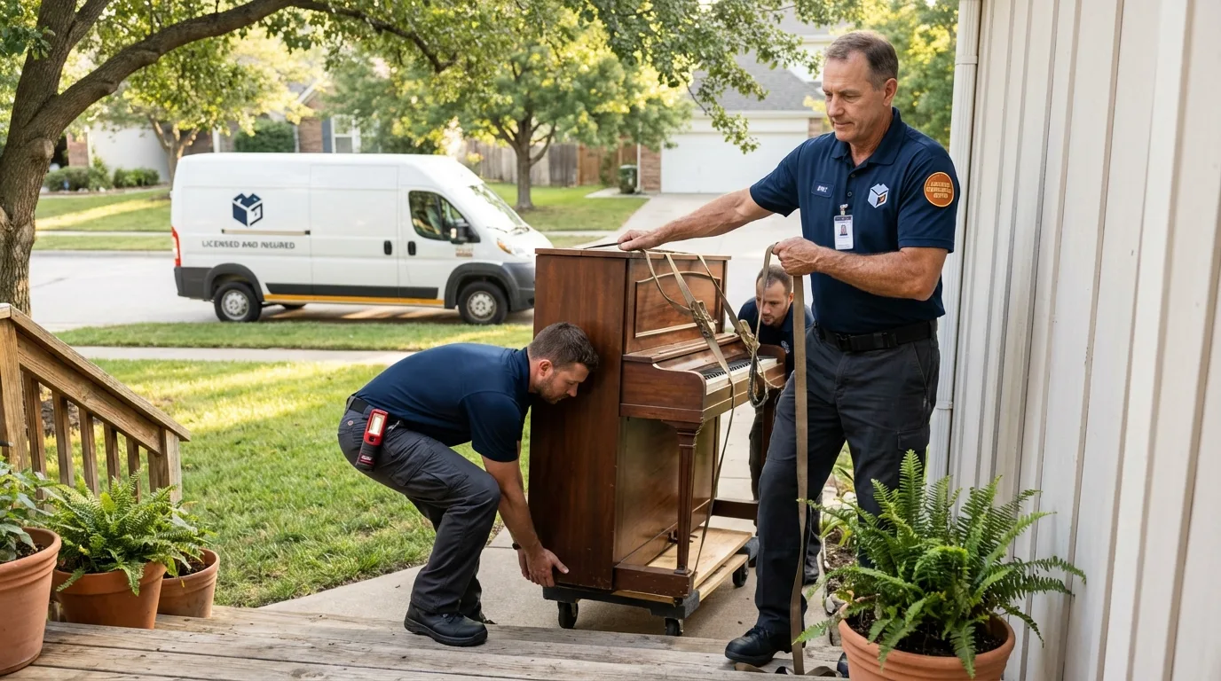 Licensed piano movers securing grand piano in Flomaton, AL