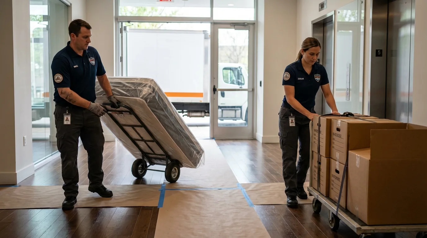 Professional apartment movers loading elevator in Flomaton, AL